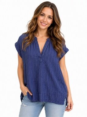 𝅺lou & Grey for LOFT 100% Linen V-Neck Top, Blue & White Pinstripe, Size XS